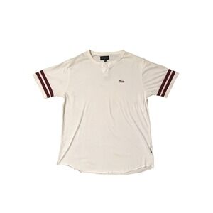 Brixton Mens XL White Henley Shirt Short Sleeve Burgundy Striped Athletic Logo
